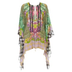 1990S CAVALLI Green & Pink Multicolored Silk Tunic Kaftan Top