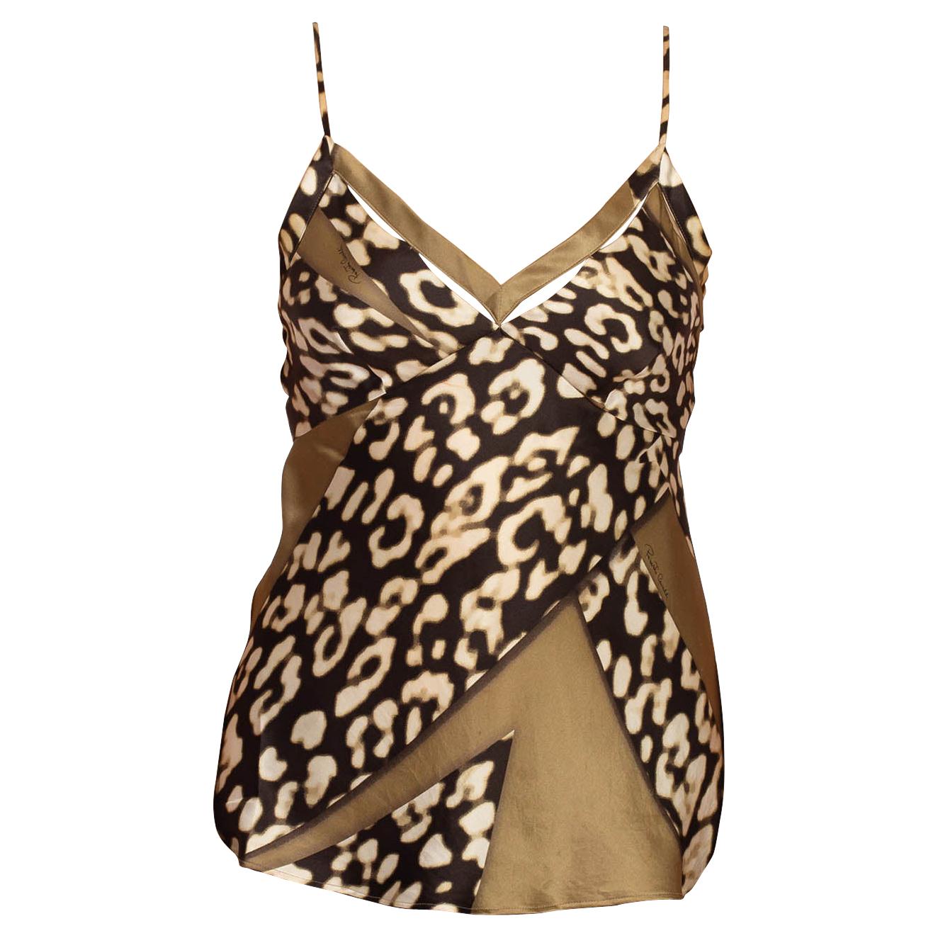 1990S CAVALLI Olive Green Animal Print Silk Camisole