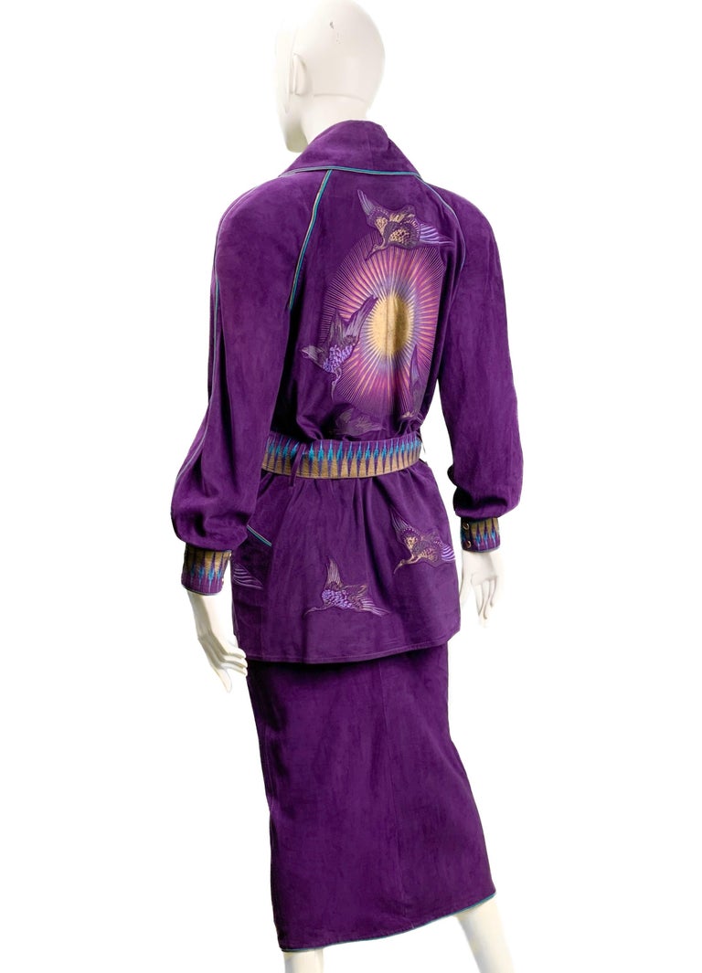 Vintage 1990s Cavalli Hand Painted Suede Leather Kimono Jacket & Skirt Suit 5