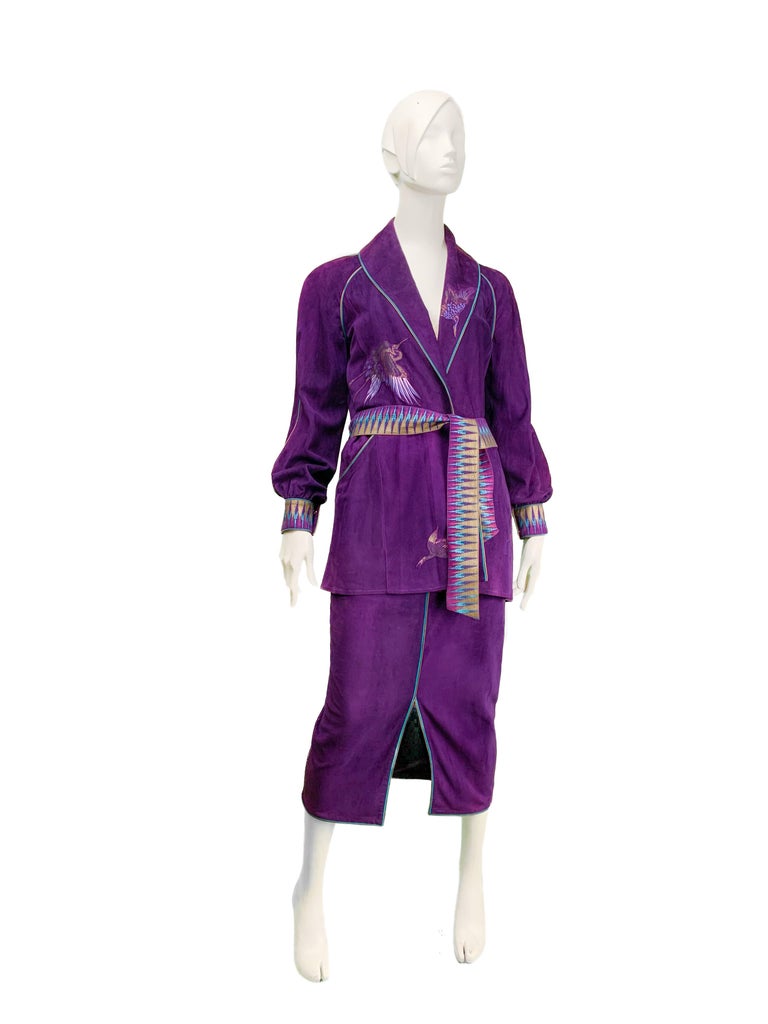 Vintage 1990s Cavalli Hand Painted Suede Leather Kimono Jacket & Skirt Suit 1