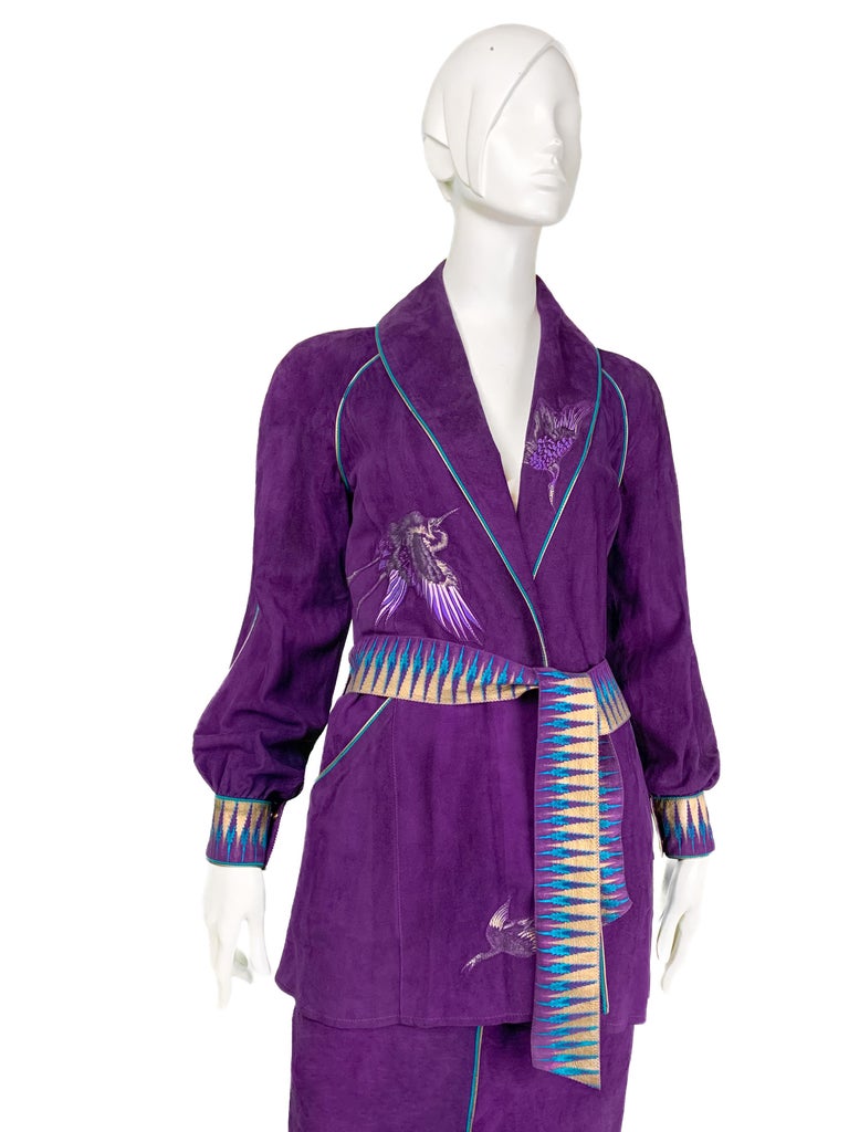 Vintage 1990s Cavalli Hand Painted Suede Leather Kimono Jacket & Skirt Suit 2