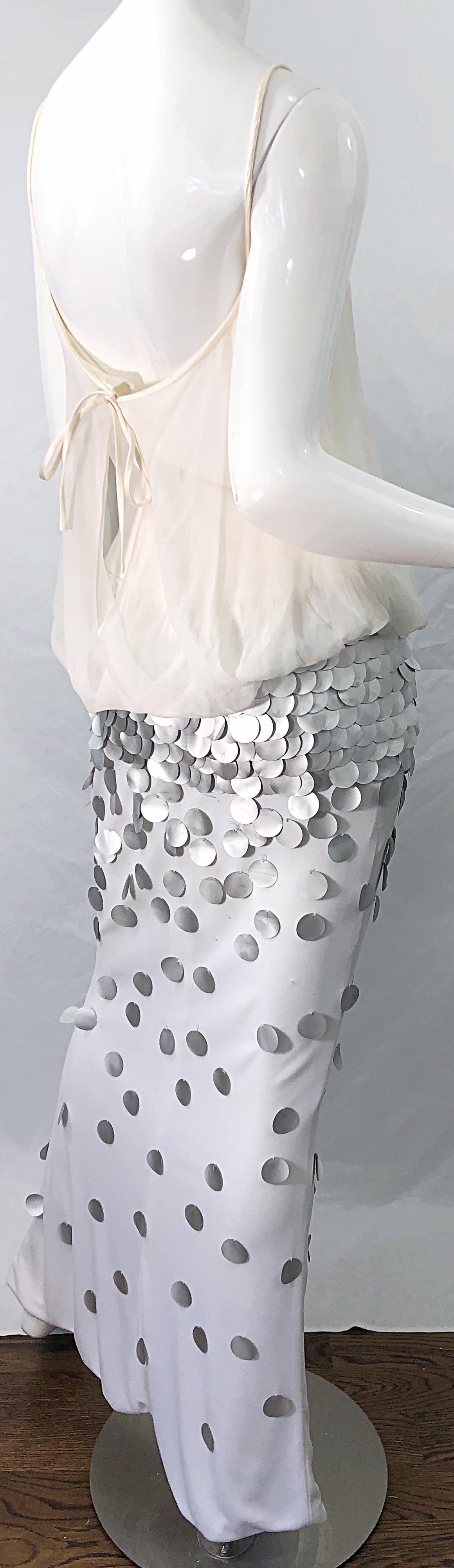 1990s CD Verde Marfil Gris Plata Seda Jersey Chiffon Beaded Paillettes 90s Gown en venta 6