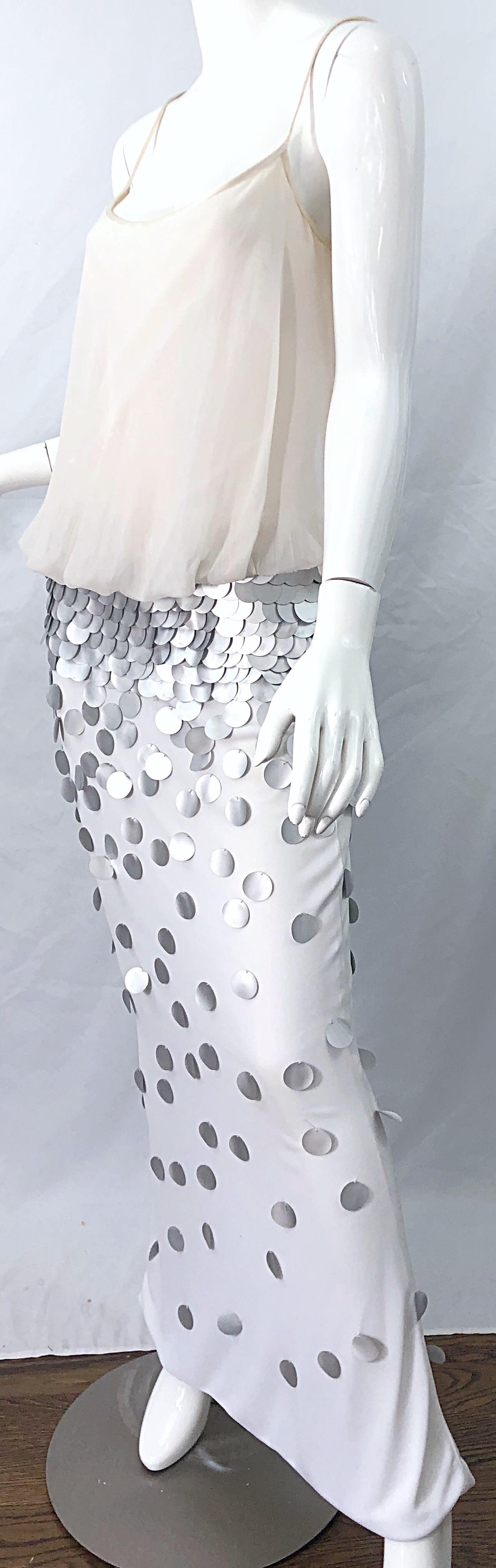 1990s CD Verde Marfil Gris Plata Seda Jersey Chiffon Beaded Paillettes 90s Gown en venta 7