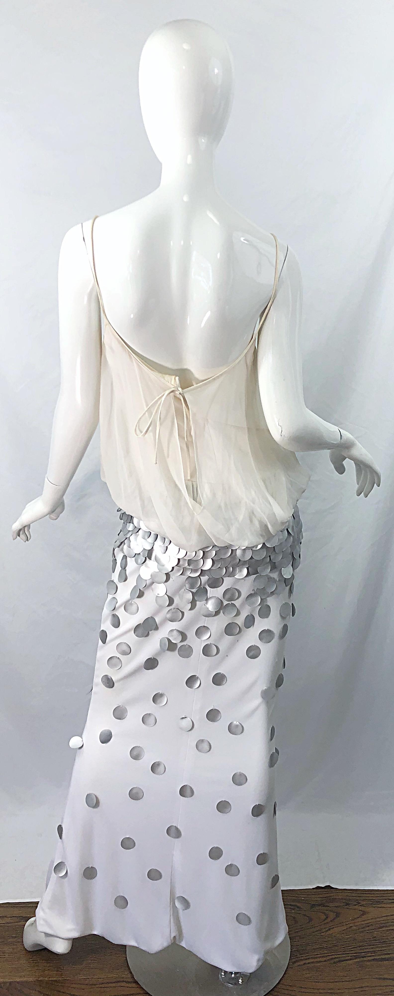 1990s CD Verde Marfil Gris Plata Seda Jersey Chiffon Beaded Paillettes 90s Gown en venta 8
