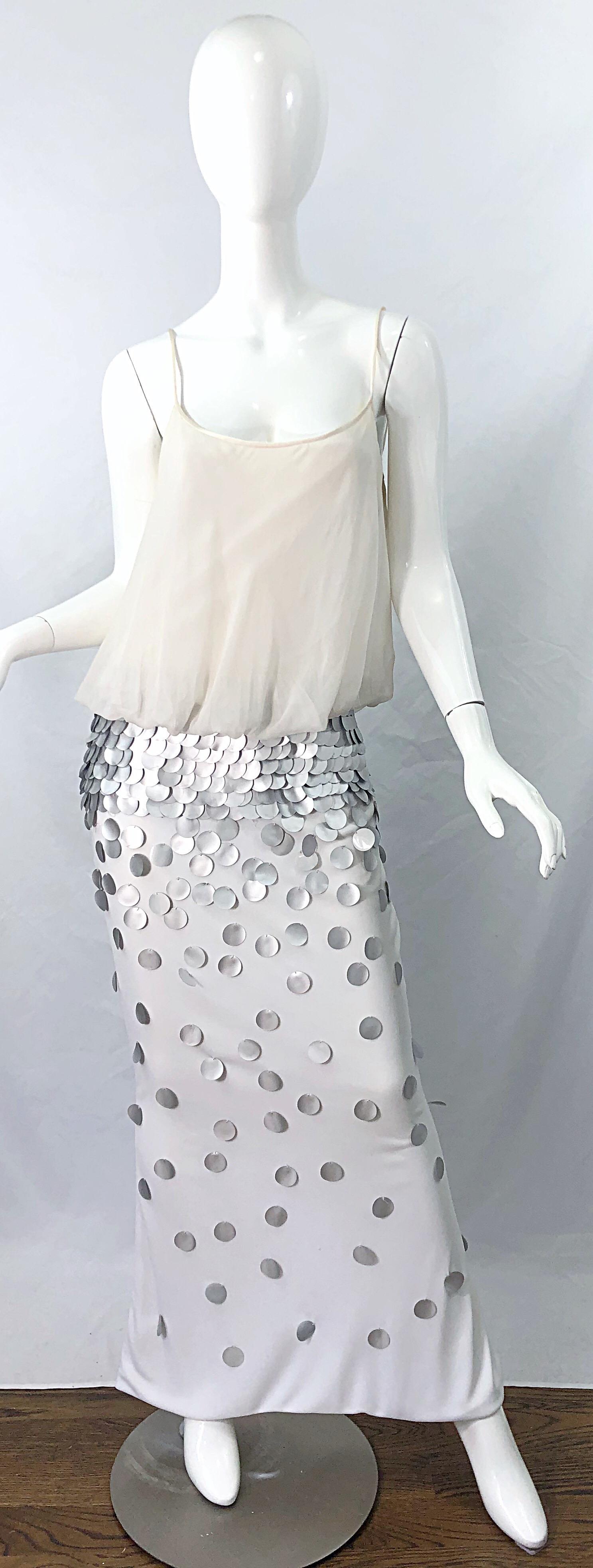 1990s CD Green Ivory Grey Silver Silk Jersey Chiffon Beaded Paillettes 90s Gown 8