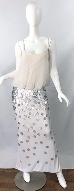 1990s CD Green Ivory Grey Silver Silk Jersey Chiffon Beaded Paillettes 90s Gown