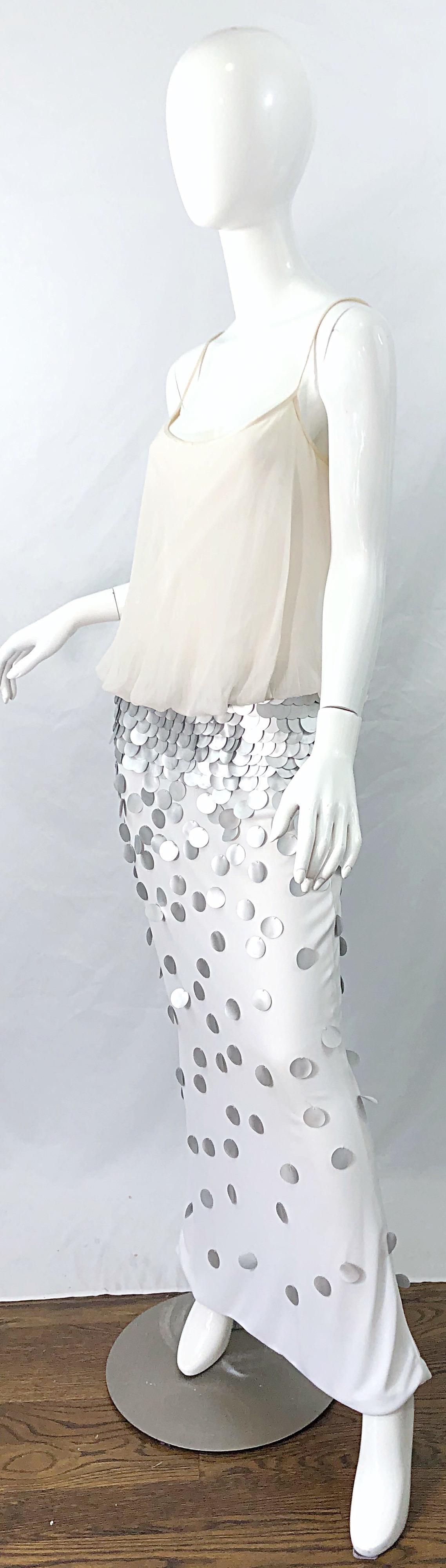 1990s CD Verde Marfil Gris Plata Seda Jersey Chiffon Beaded Paillettes 90s Gown en venta 1