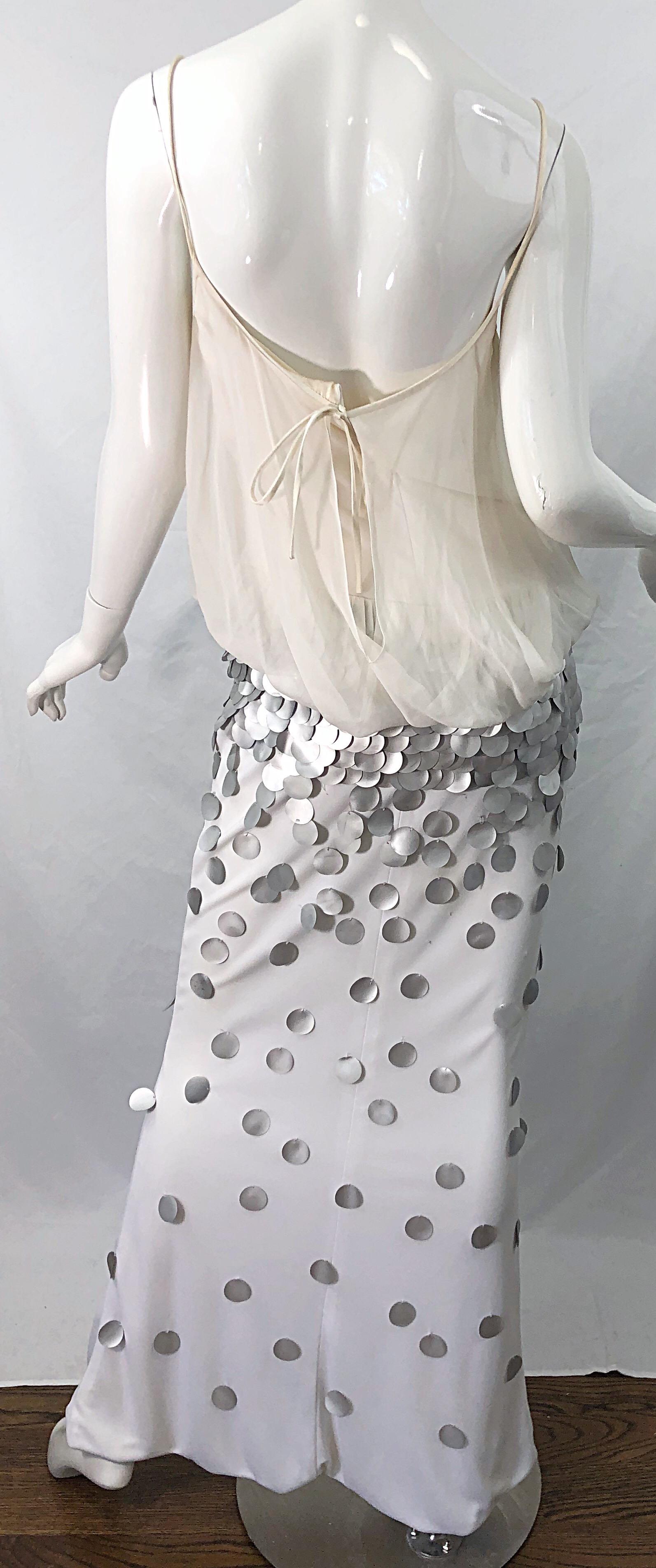 1990s CD Verde Marfil Gris Plata Seda Jersey Chiffon Beaded Paillettes 90s Gown en venta 3