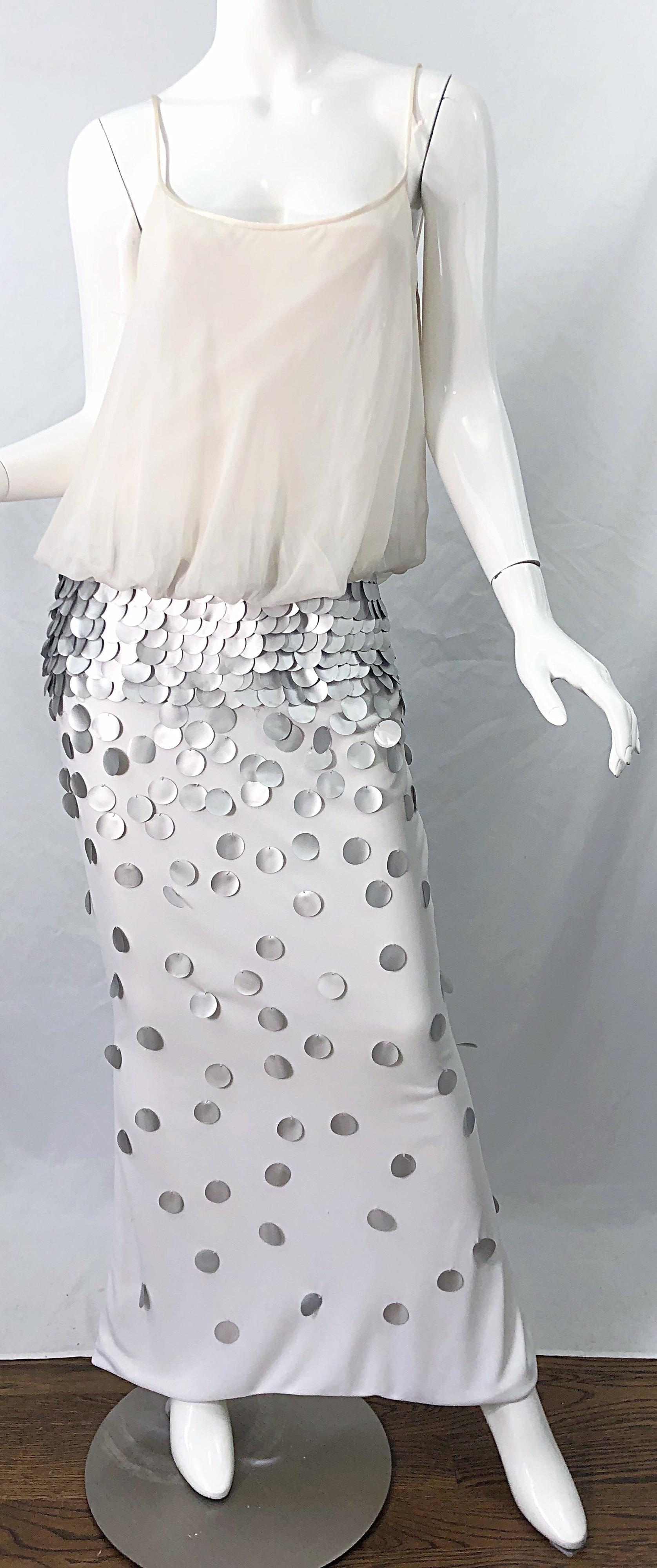 1990s CD Green Ivory Grey Silver Silk Jersey Chiffon Beaded Paillettes 90s Gown 3