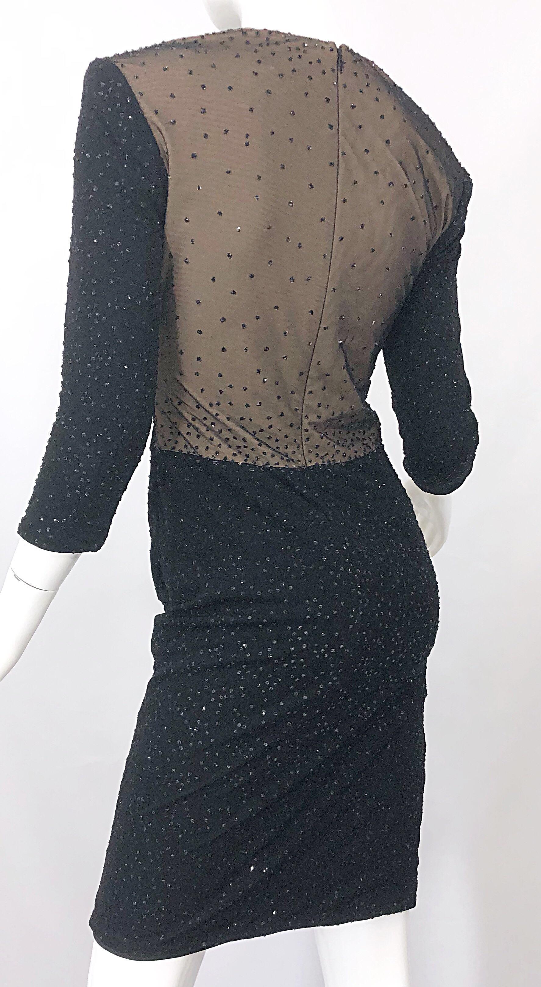 1990s CD GREENE Black Nude Illusion Sparkle Glitter Vintage 90s 3/4 Sleeve Dress For Sale 7