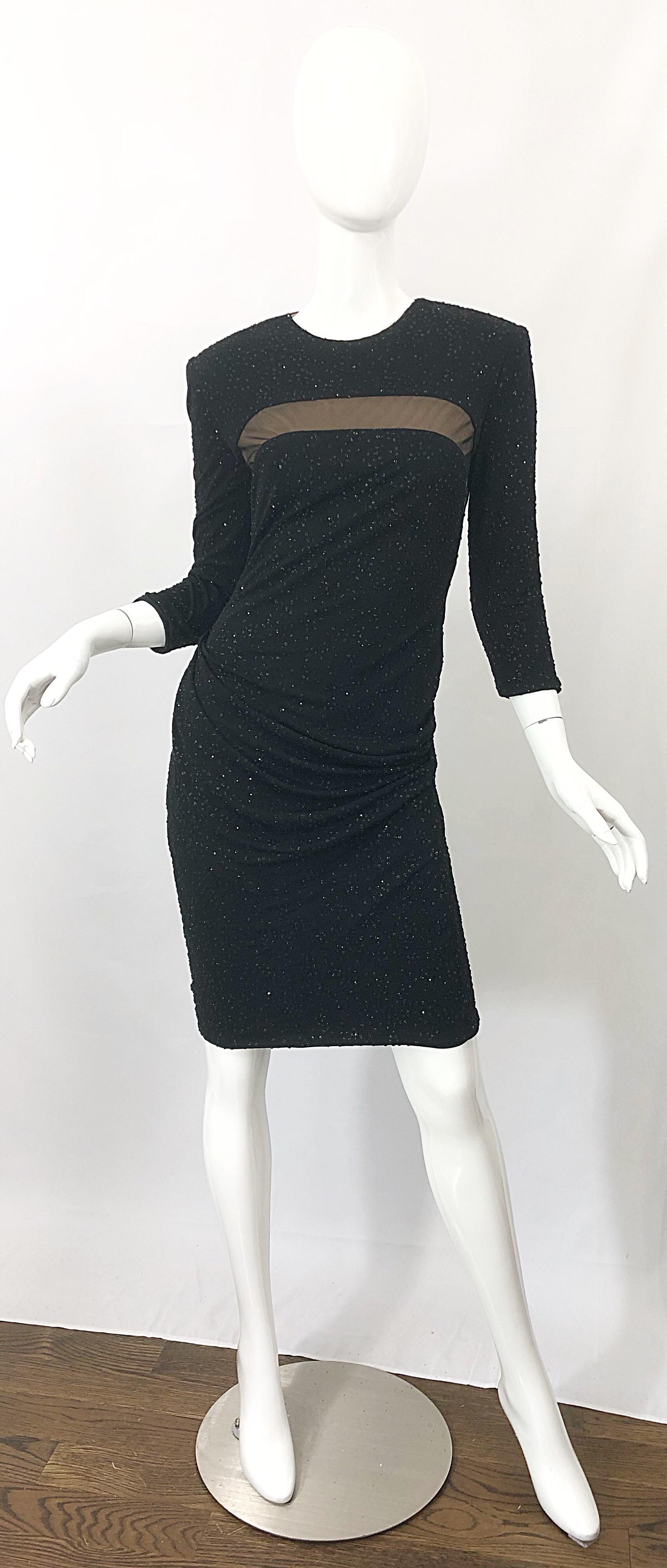 Sexy 90s CD GREENE for Bergdorf Goodman black + nude illusion rayon jersey sparkle glitter 3/4 sleeve bodycon dress! Greene has been a celebrity go-to for decades. He is known for his impeccable designs, with figure flattering cuts and anything