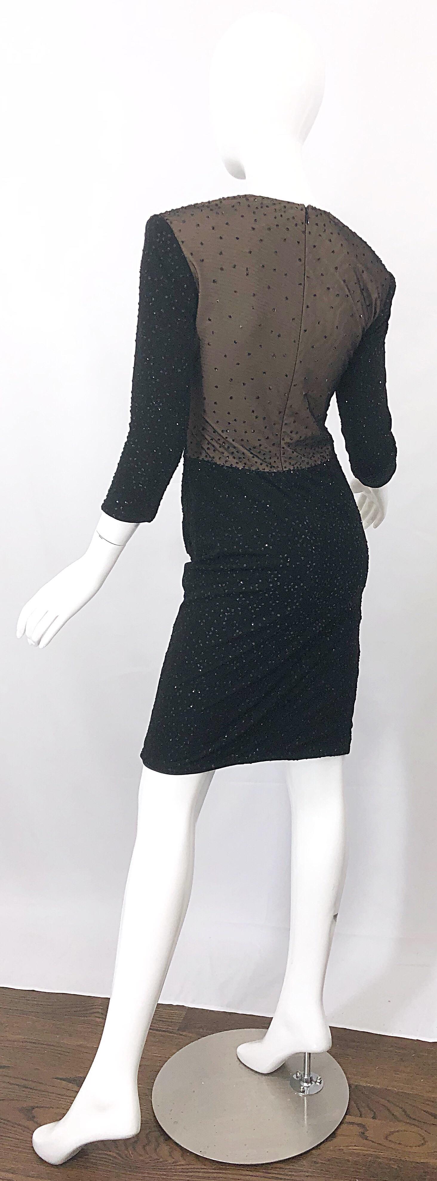1990s CD GREENE Black Nude Illusion Sparkle Glitter Vintage 90s 3/4 Sleeve Dress In Excellent Condition For Sale In San Diego, CA