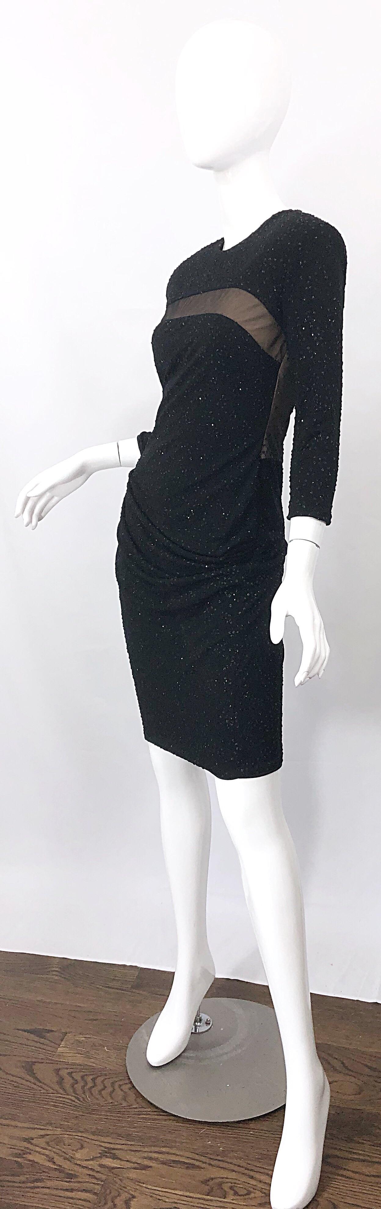 Women's 1990s CD GREENE Black Nude Illusion Sparkle Glitter Vintage 90s 3/4 Sleeve Dress For Sale