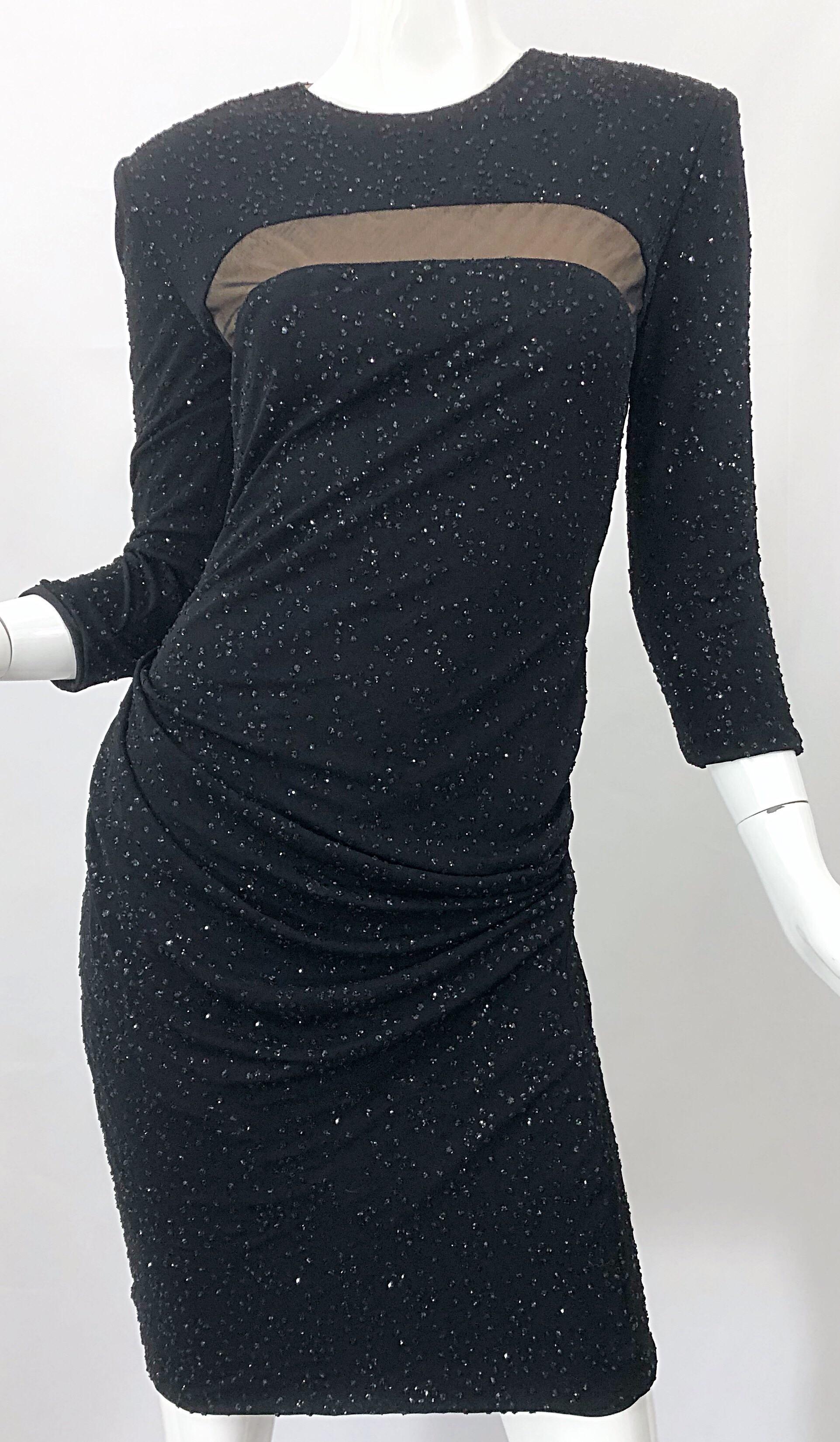 1990s CD GREENE Black Nude Illusion Sparkle Glitter Vintage 90s 3/4 Sleeve Dress For Sale 2