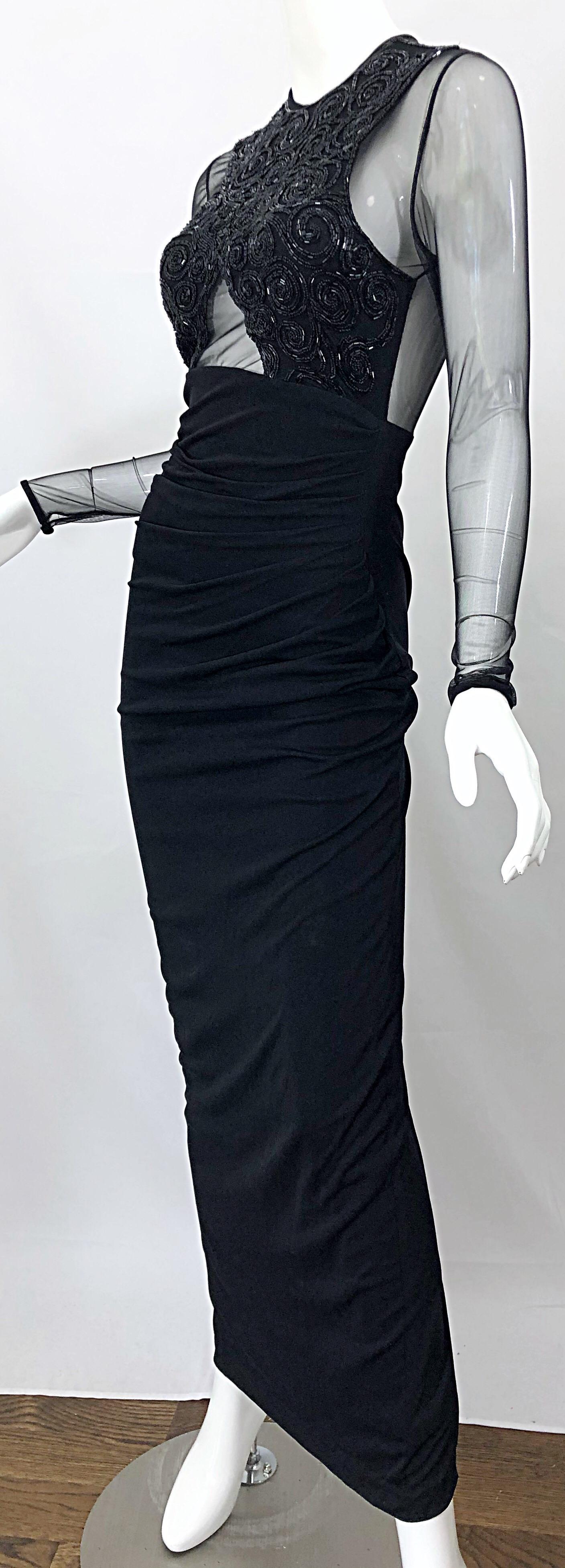 Black 1990s CD GREENE Couture Beaded Silk Jersey Cut - Out Sexy Vintage 90s Gown Dress For Sale