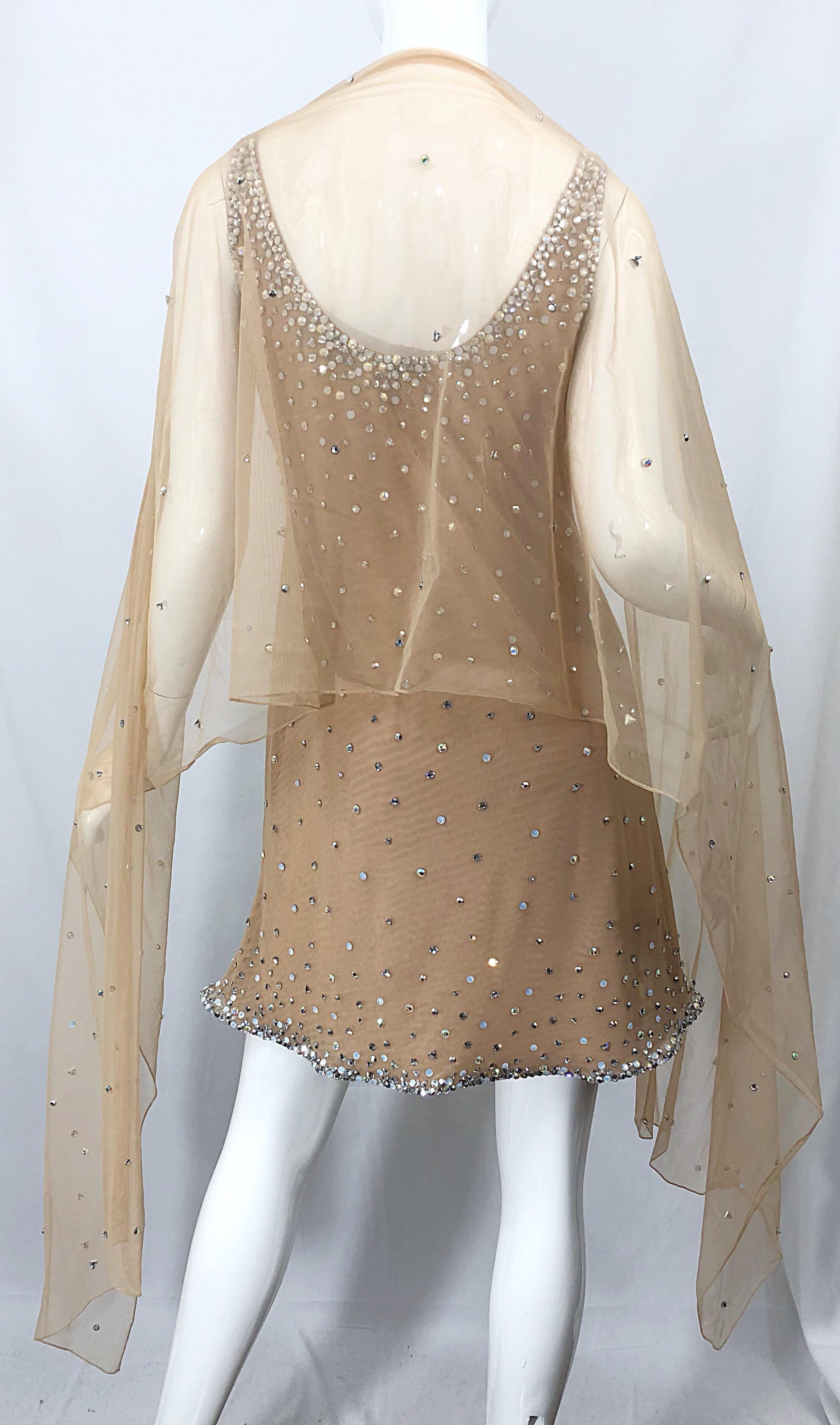 Sex and the City CD Greene Nude Beige Rhinestone Crystal Vintage Dress + Shawl 8