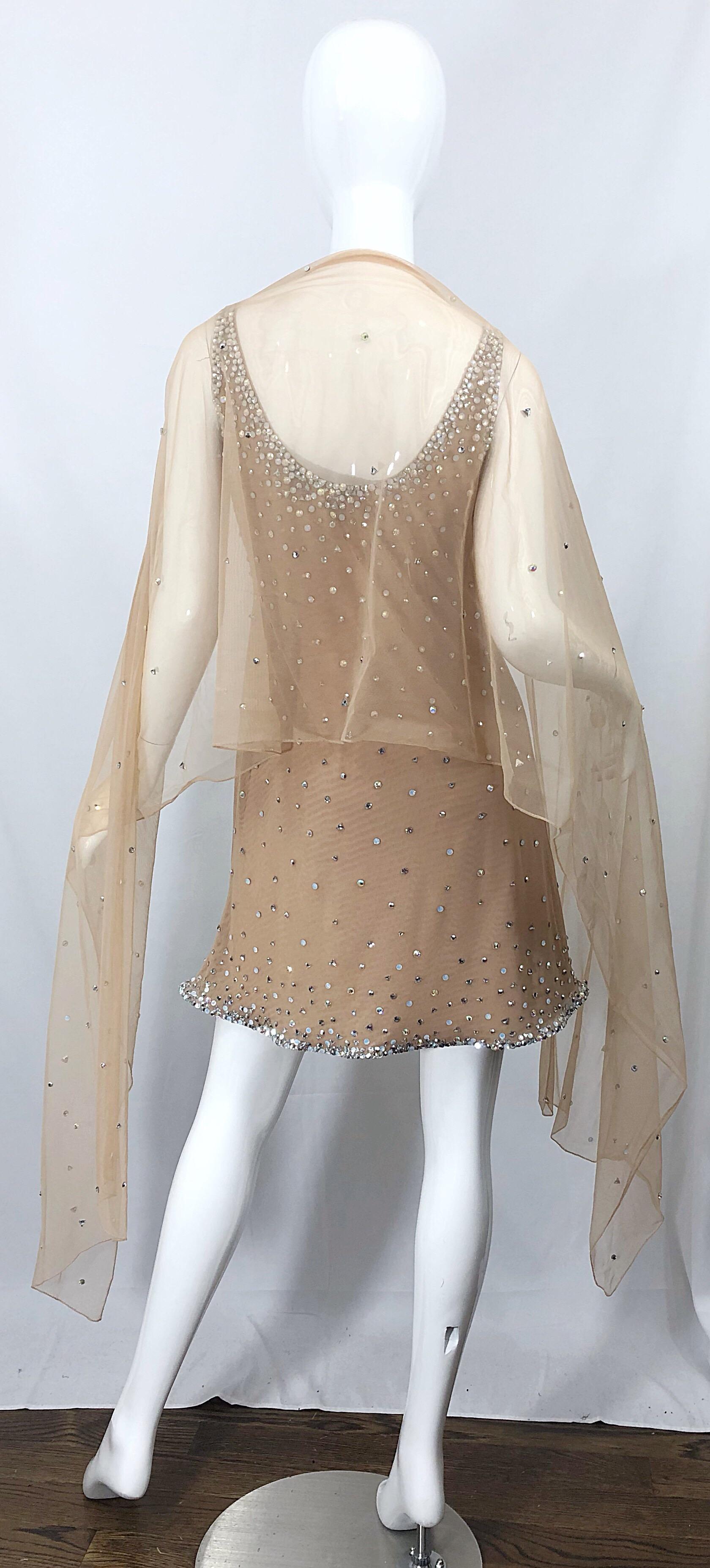 Sex and the City CD Greene Nude Beige Rhinestone Crystal Vintage Dress + Shawl In Excellent Condition In San Diego, CA