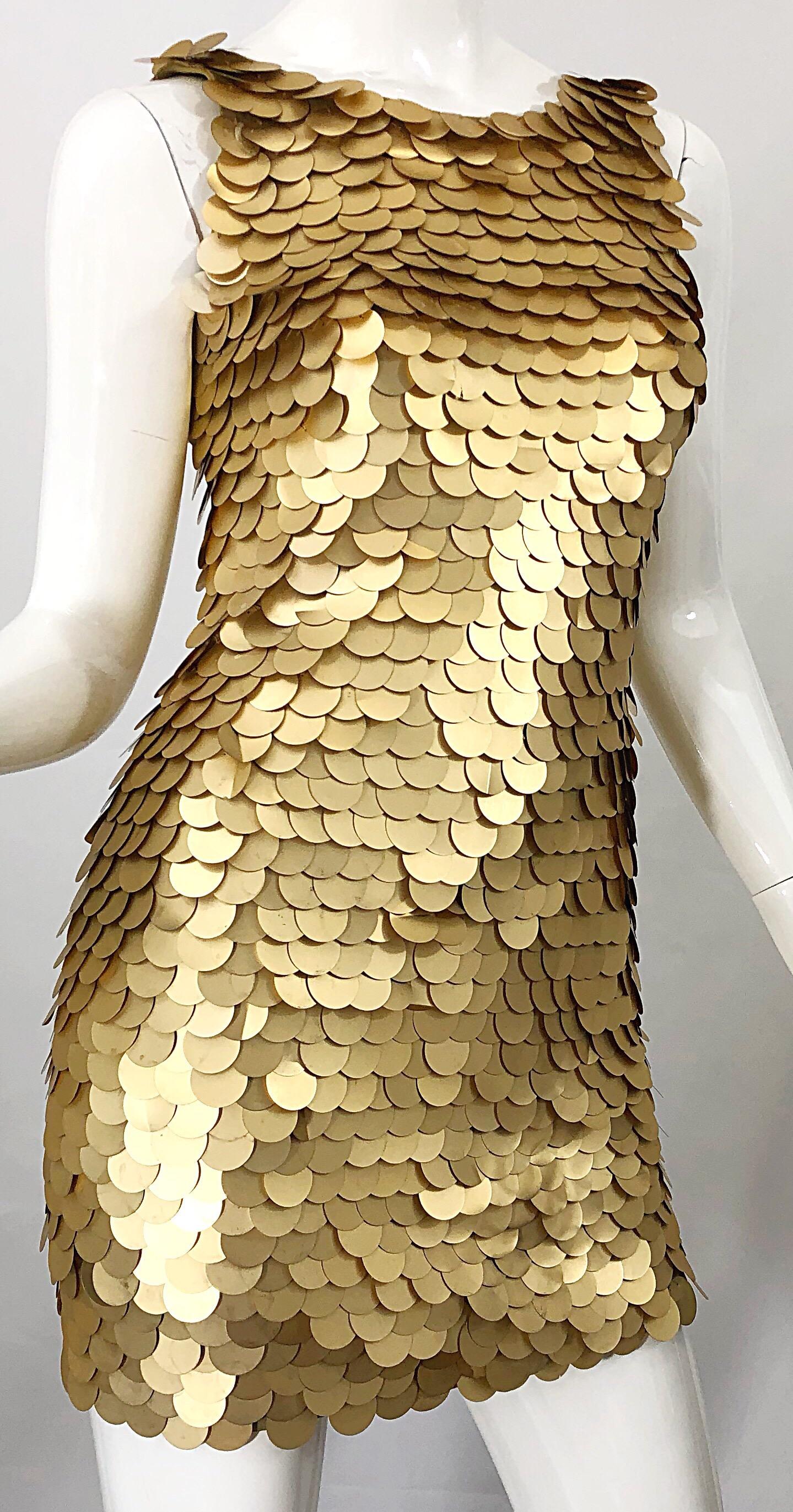 1990s CD GREENE for Bergdorf Goodman Gold Pailettes Sequin Vintage Bodycon Dress In Excellent Condition For Sale In San Diego, CA