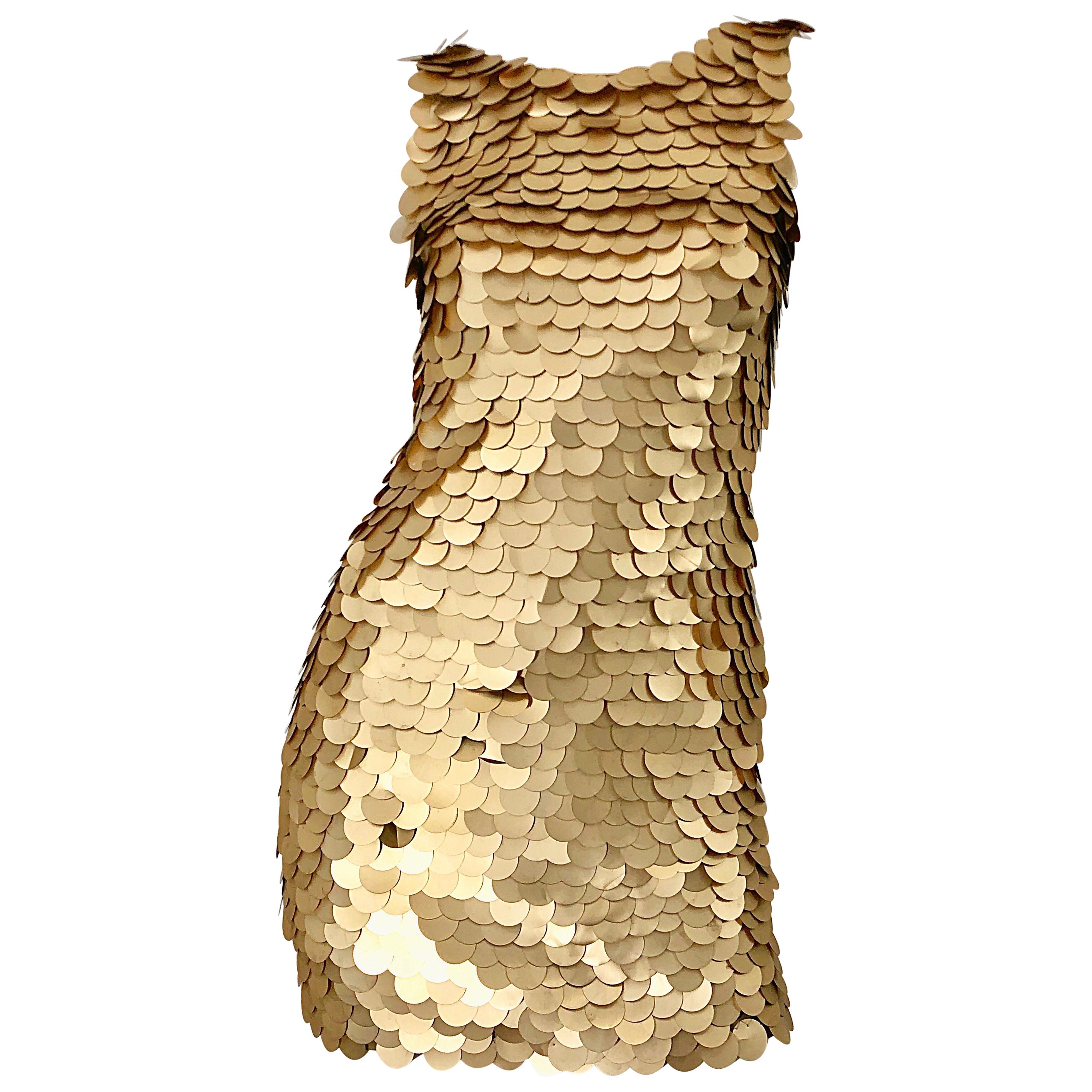 1990s CD GREENE for Bergdorf Goodman Gold Pailettes Sequin Vintage Bodycon Dress For Sale