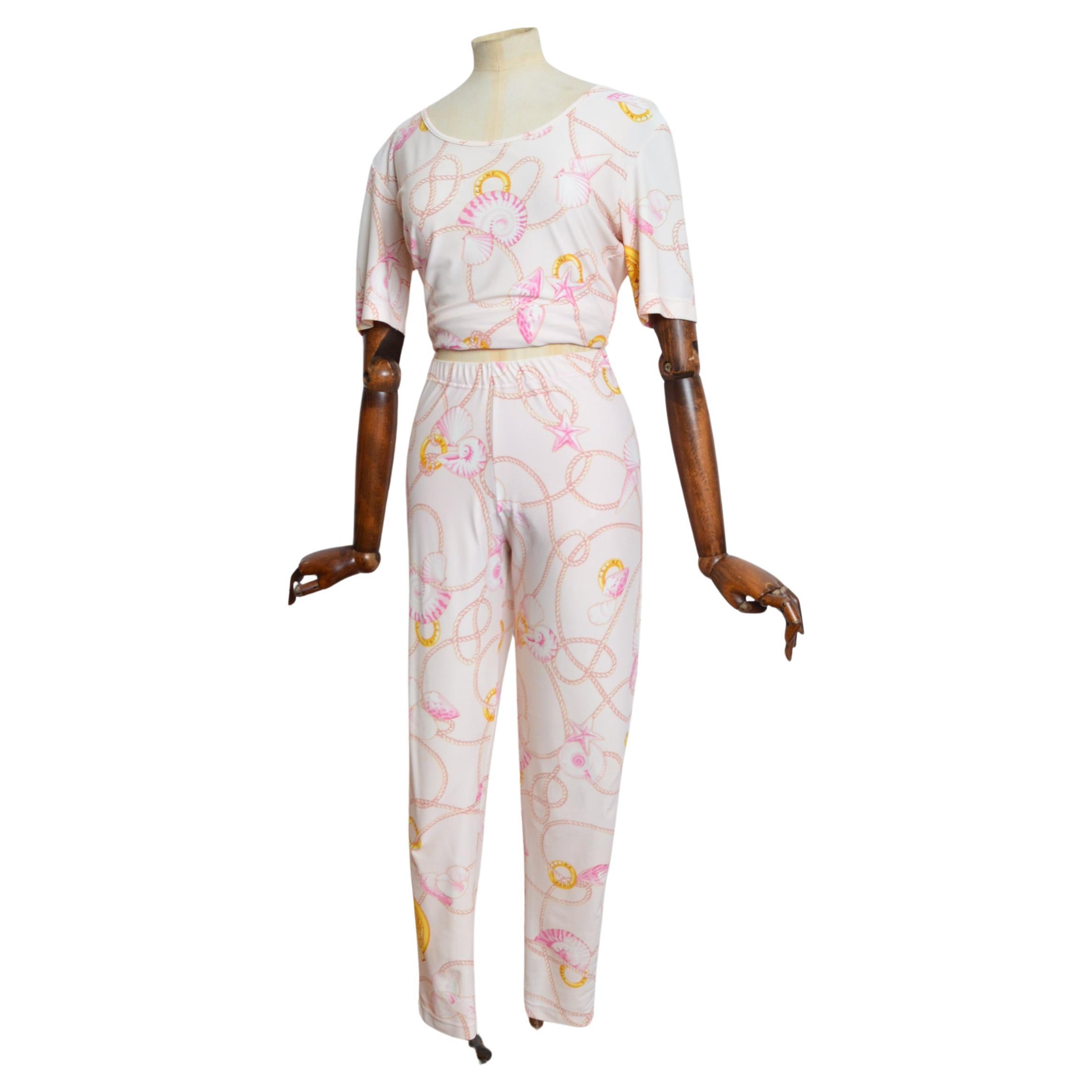 1990s CÉLINE Baroque Sea Shell Print Pastel Pink & Gold T-SHIRT & Leggings set For Sale