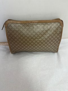 1990s Celine Beige Macadam Canvas and Leather Clutch/Travel Pouch