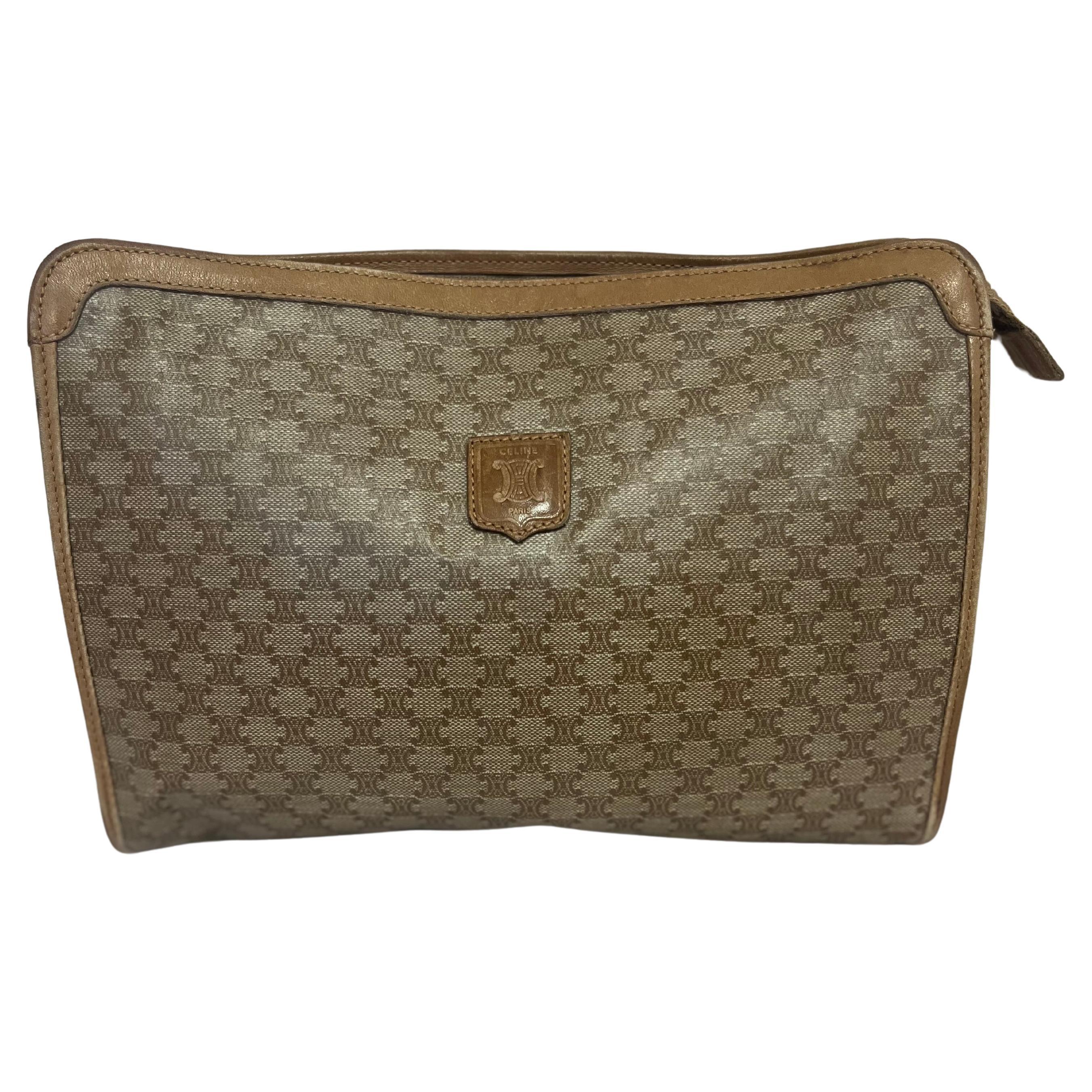 1990s Celine Beige Macadam Canvas and Leather Clutch/Travel Pouch For Sale