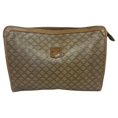 Used 1990s Celine Beige Macadam Canvas and Leather Clutch/Travel Pouch