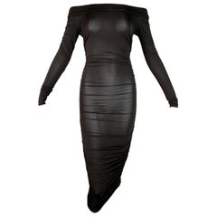 S/S 2001 Celine Sheer Brown Ruched Off Shoulder Pin-Up Wiggle Dress