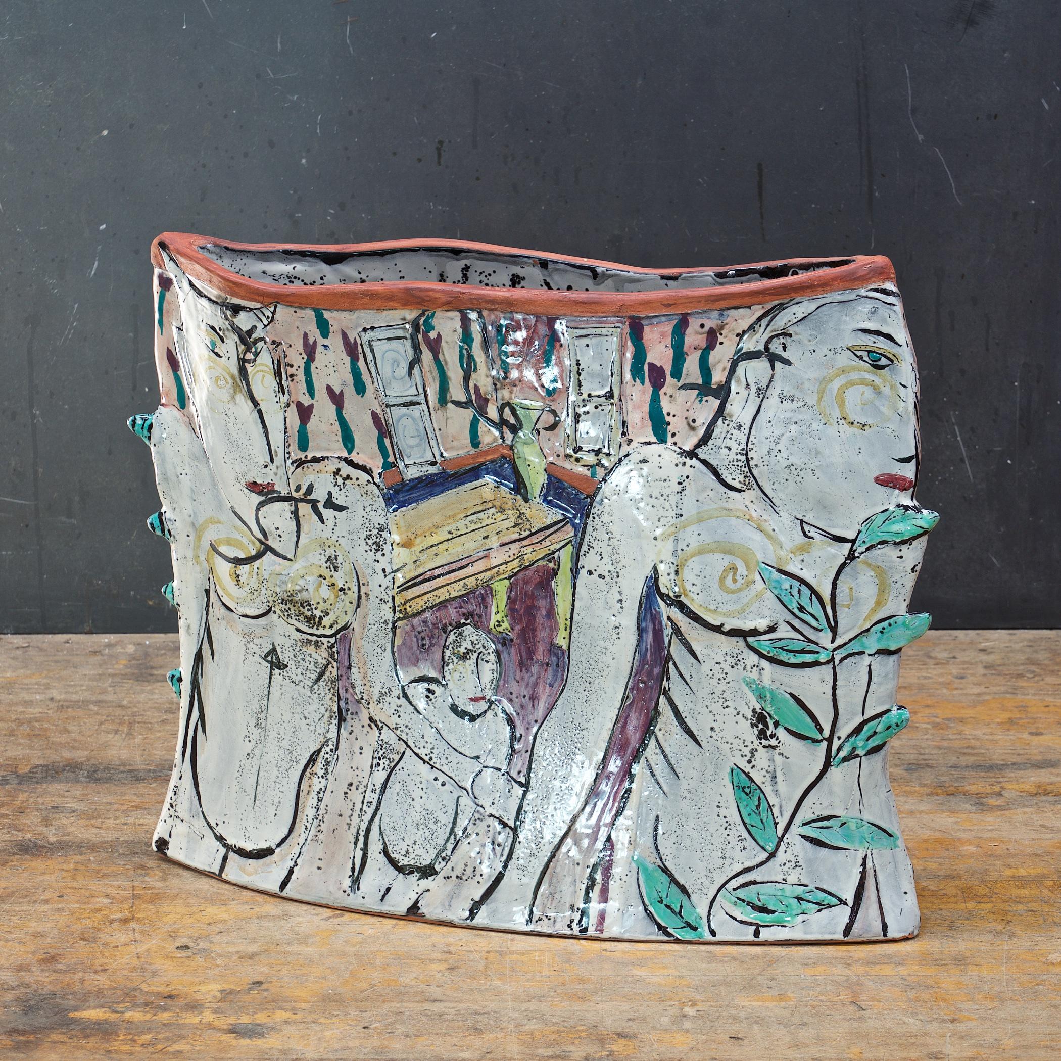 A colorful panel vase with nude scene, very large, tabletop piece by Deborah Groover from the 1990s. Nice shallow depth for placement on a narrow entryway/foyer table. No apparent handling damage at all, estate direct