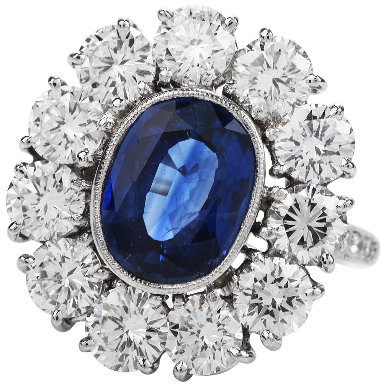 1990s Certified 4.10 Carat Ceylon Sapphire Diamond Platinum Flower Ring