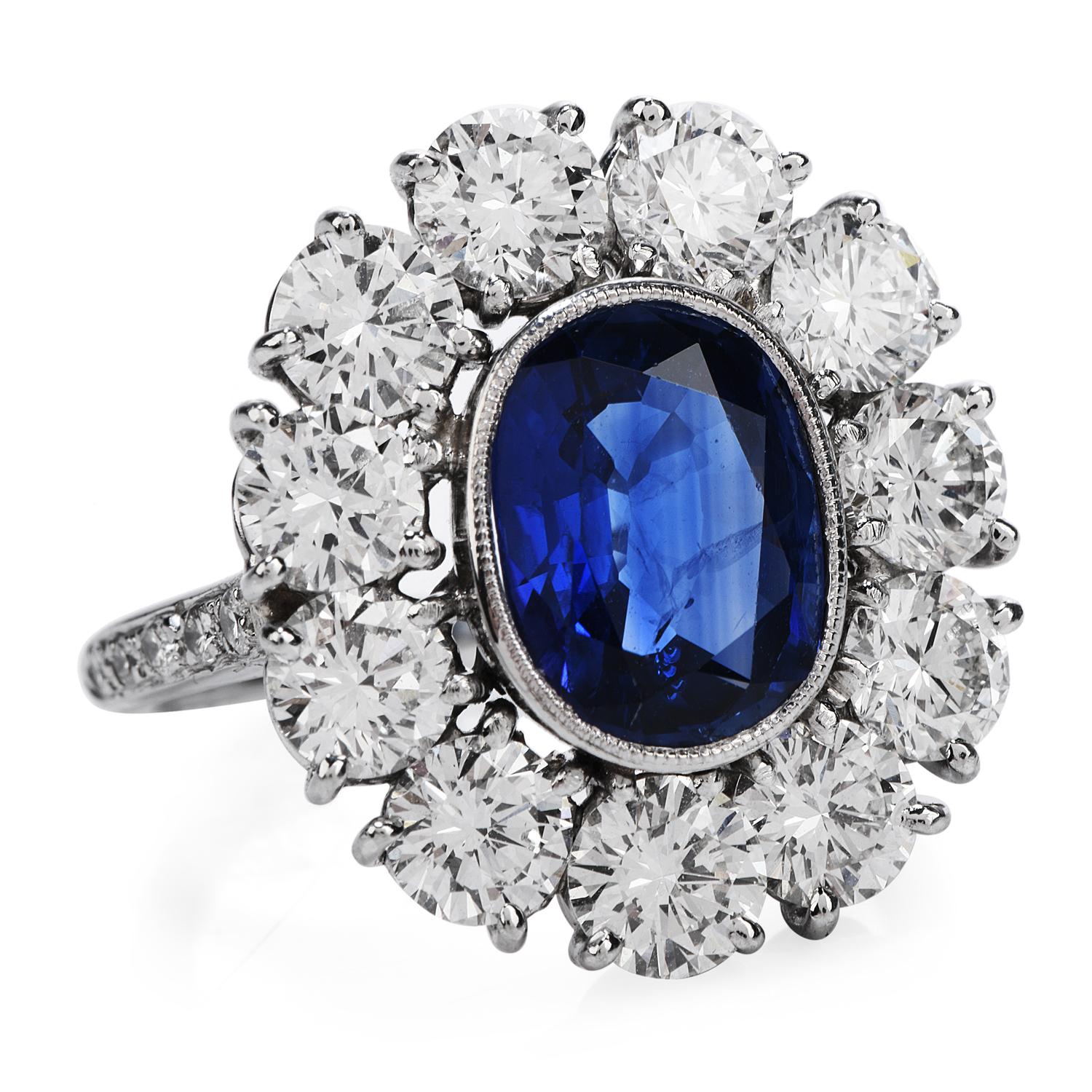 Women's or Men's 1990s Certified 4.10 Carat Ceylon Sapphire Diamond Platinum Flower Ring