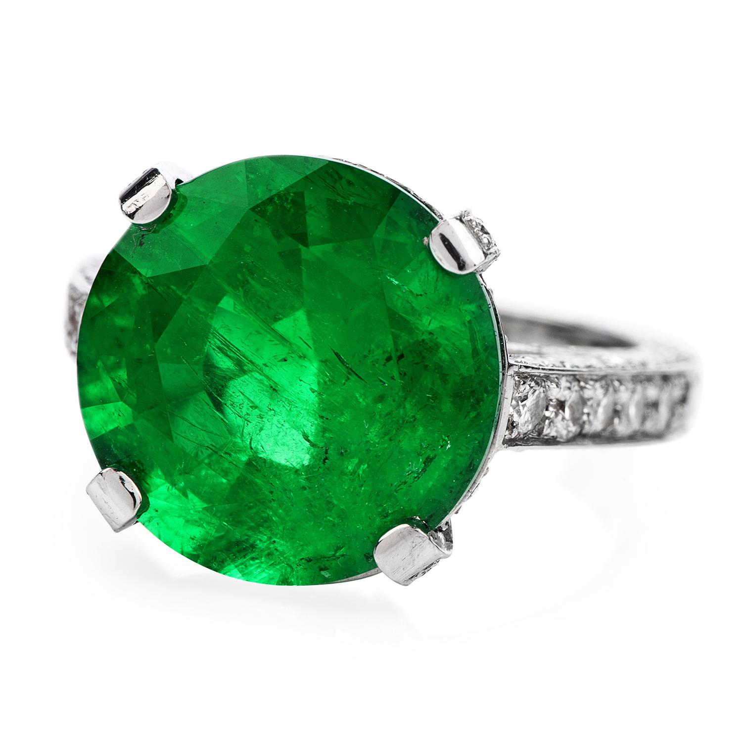 Let's Dazzle with this Colombian Emerald & Diamond Cocktail Ring!

This Excellent Condition cocktail ring is crafted in solid Platinum. Prominently featured in the center is an 8.13 cts Colombian Emerald,AGL Certified. No Enhancement, Only Minor