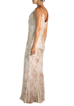 1990S Champagne Bias Cut Silk & Rayon Burnout Chiffon Gown Large