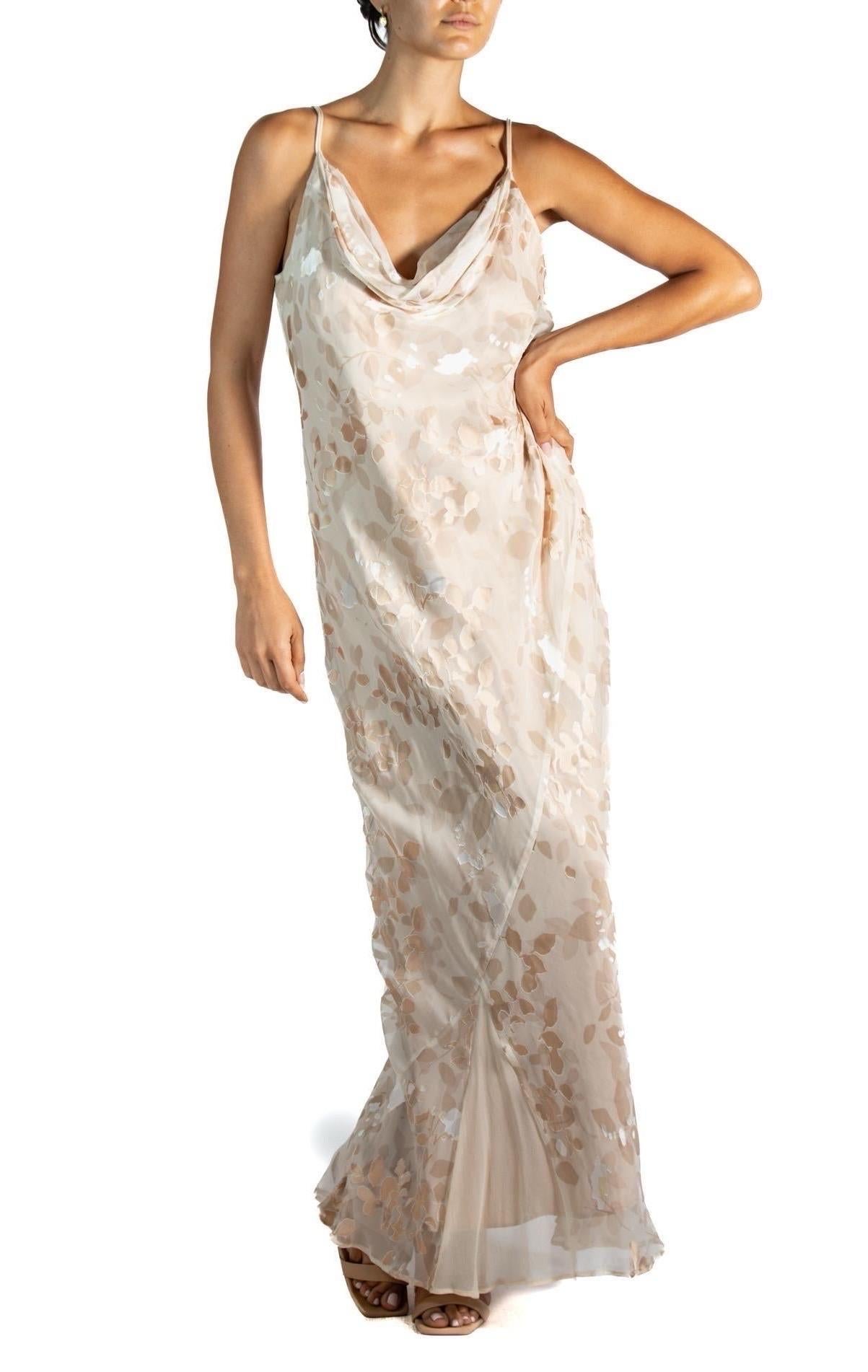 1990S Champagner Schrägschnitt Seide & Rayon Burnout Chiffon Kleid Groß Damen im Angebot