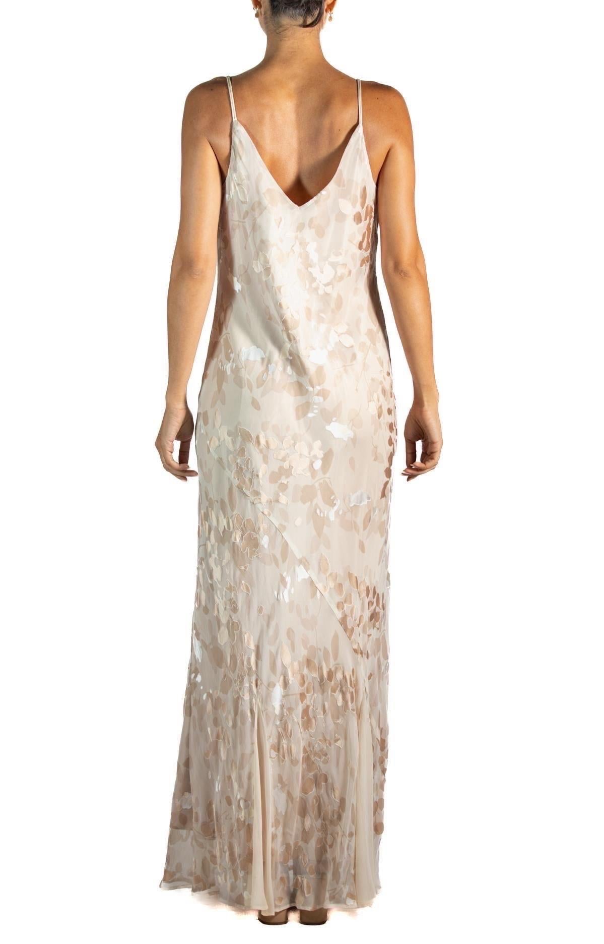 1990S Champagner Schrägschnitt Seide & Rayon Burnout Chiffon Kleid Groß im Angebot 2