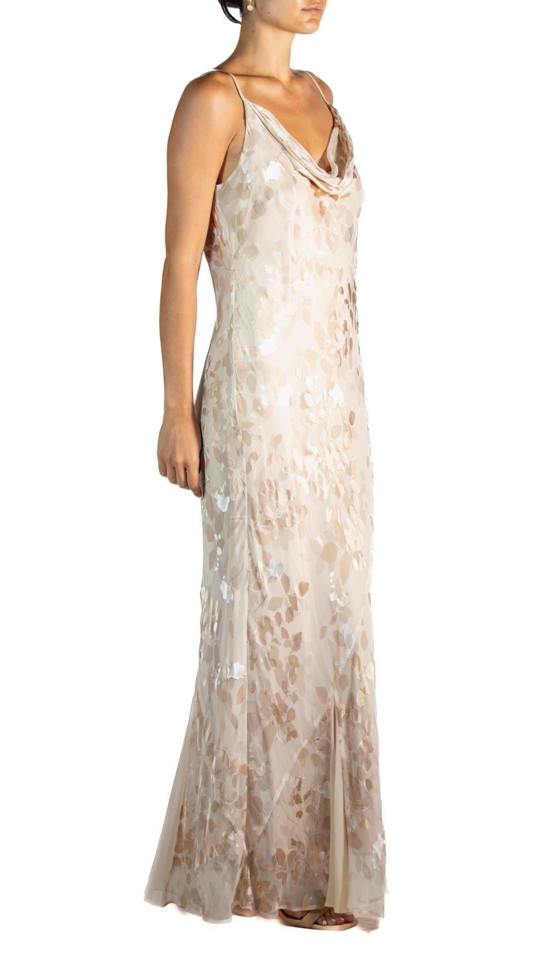 1990S Champagner Schrägschnitt Seide & Rayon Burnout Chiffon Kleid Groß im Angebot 3
