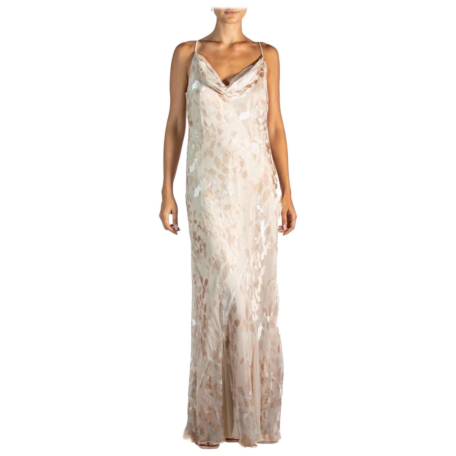 1990S Champagne Bias Cut Silk & Rayon Burnout Chiffon Gown Large