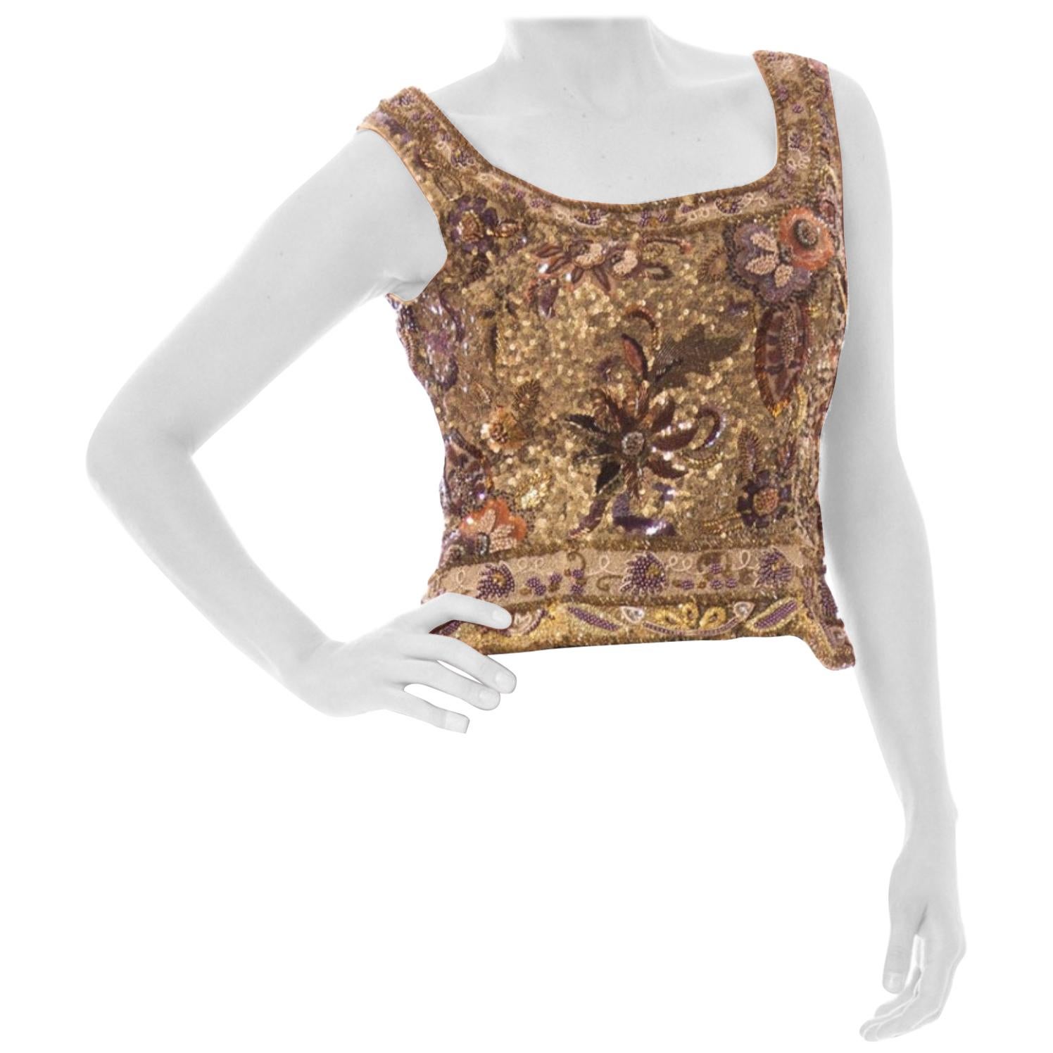 1990S Champagne Gold Silk Heavily Beaded & Embroidered Sleeveless Top