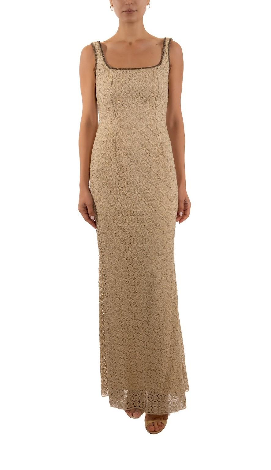 Brown 1990S Champagne Metallic Lace Silk Lined Gown For Sale