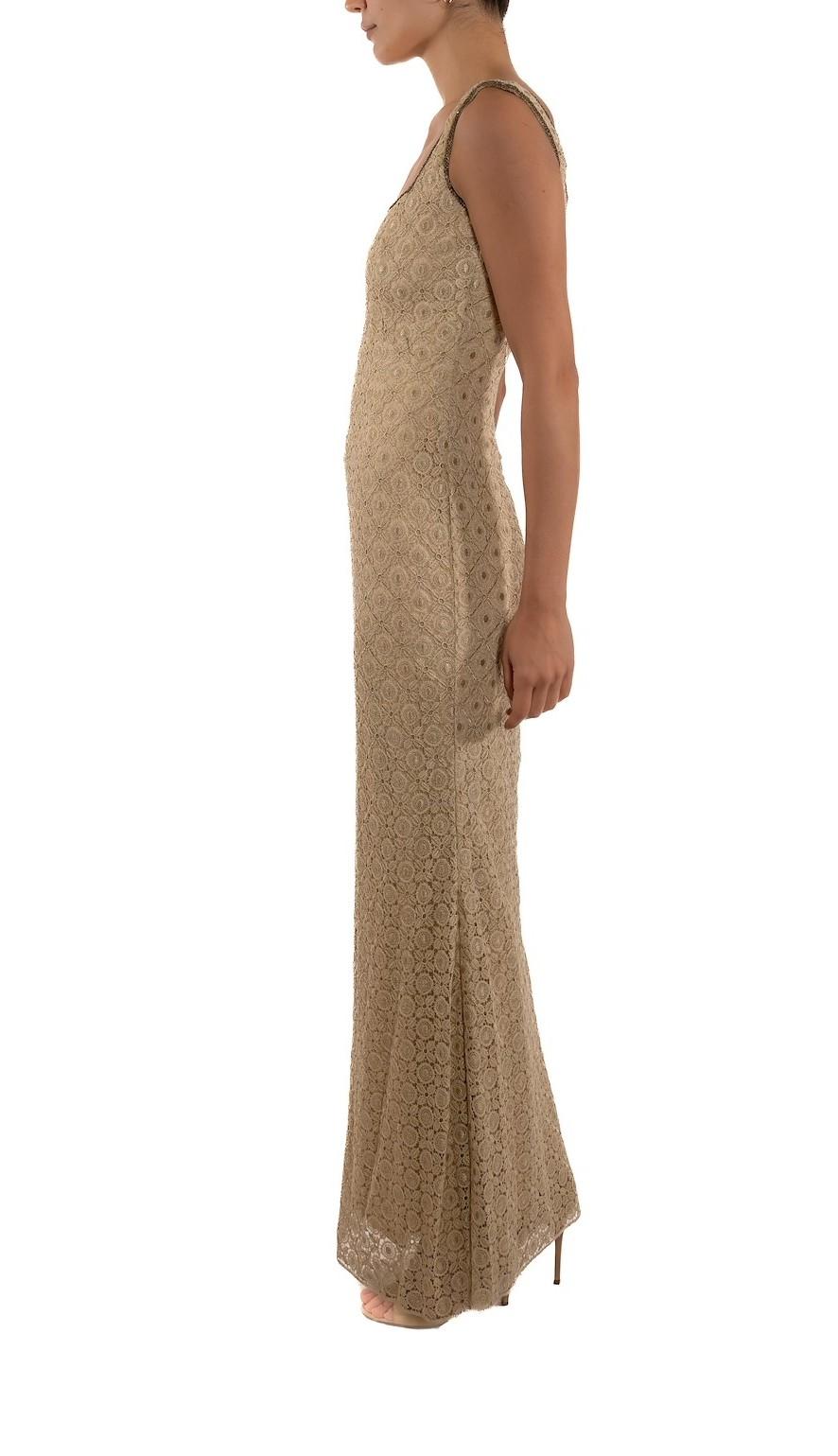 1990S Champagne Metallic Lace Silk Lined Gown In Good Condition For Sale In New York, NY