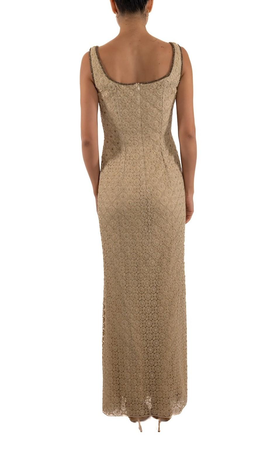 Women's 1990S Champagne Metallic Lace Silk Lined Gown For Sale