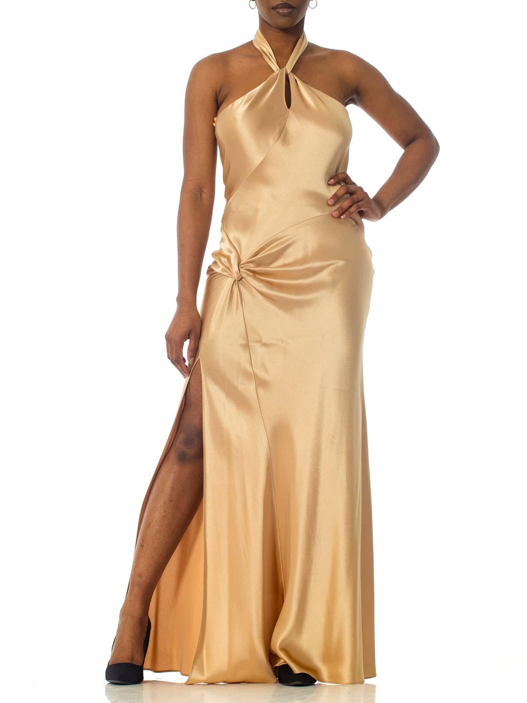 Beige 1990S Champagne Bias Cut Rayon Crepe Back Satin Halter Neck Gown With High Slit