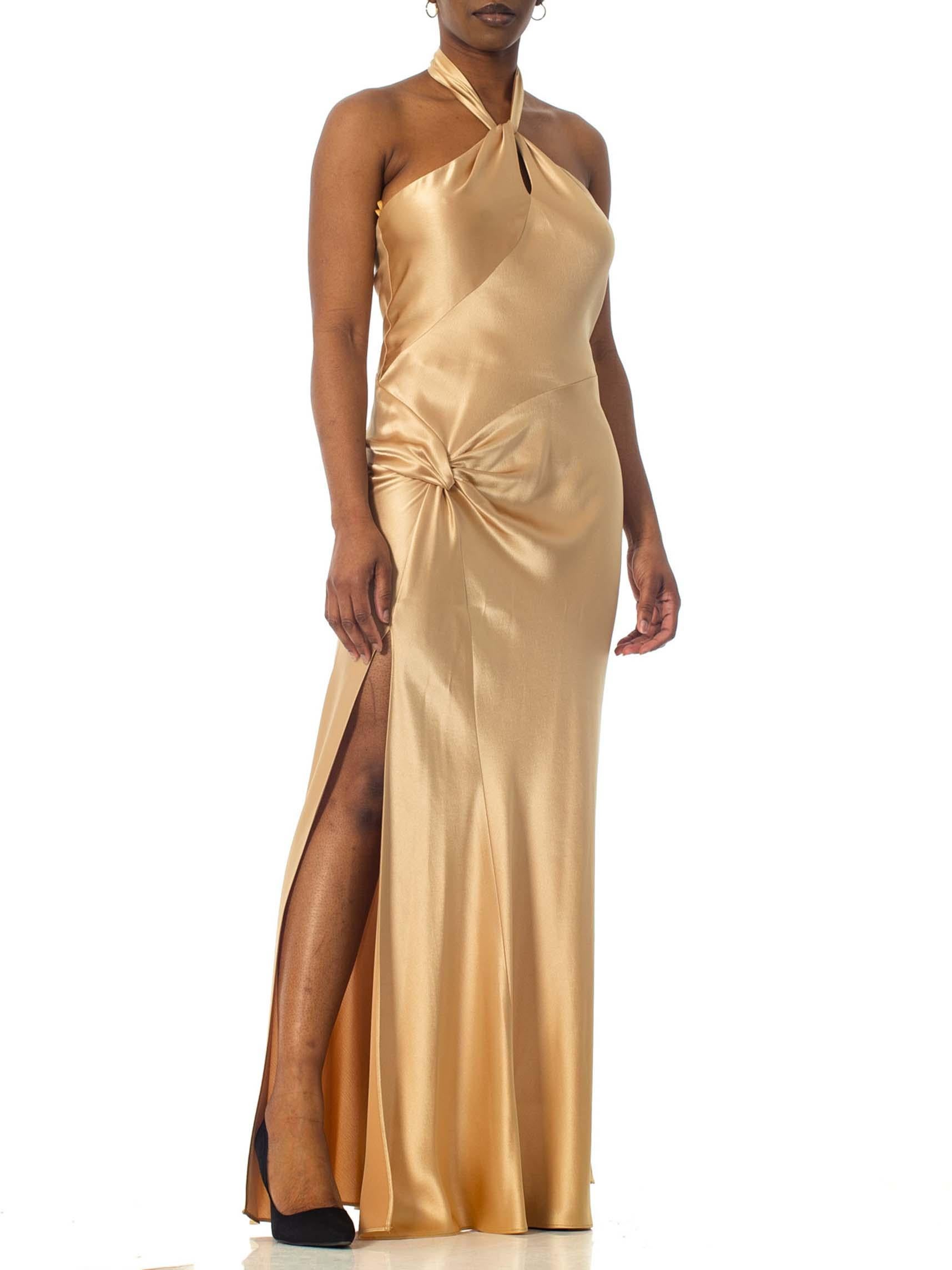 Women's 1990S Champagne Bias Cut Rayon Crepe Back Satin Halter Neck Gown With High Slit
