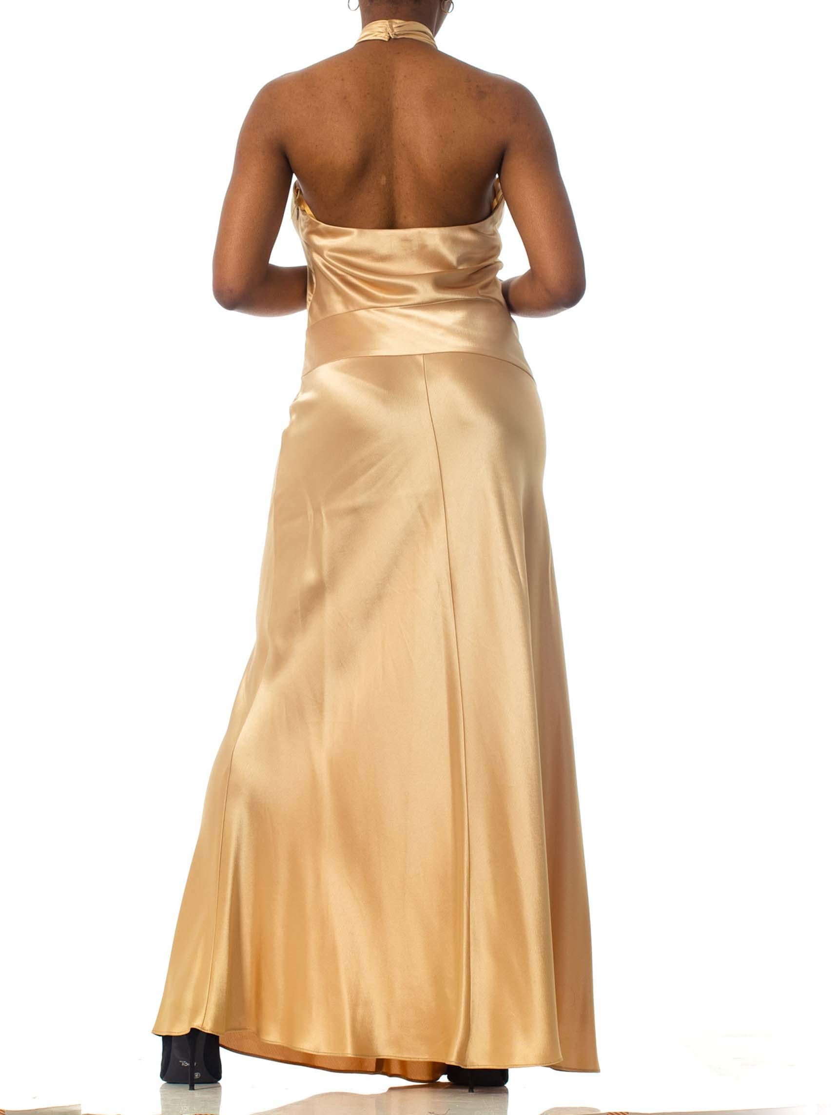 1990S Champagne Bias Cut Rayon Crepe Back Satin Halter Neck Gown With High Slit 1
