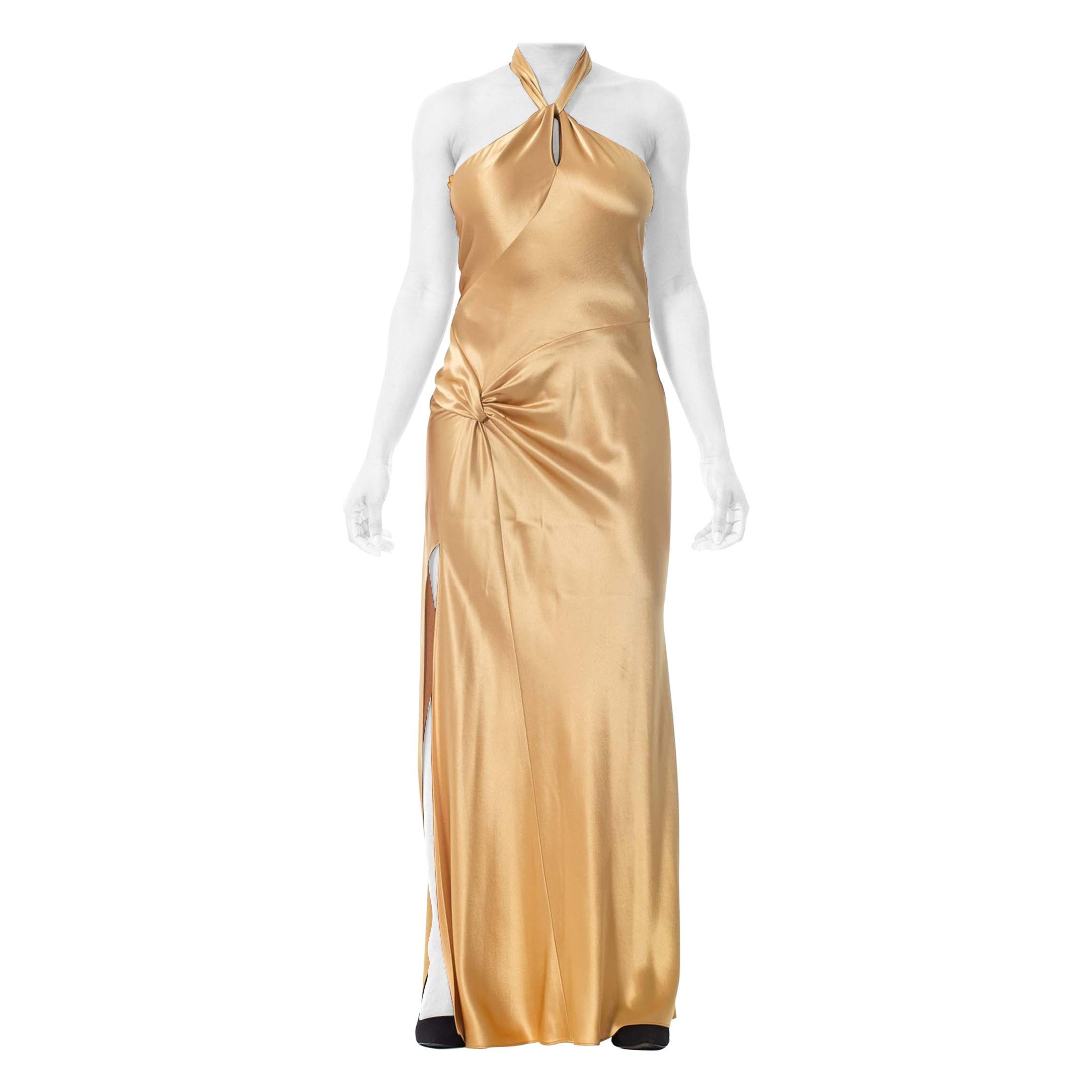 1990S Champagne Bias Cut Rayon Crepe Back Satin Halter Neck Gown With High Slit