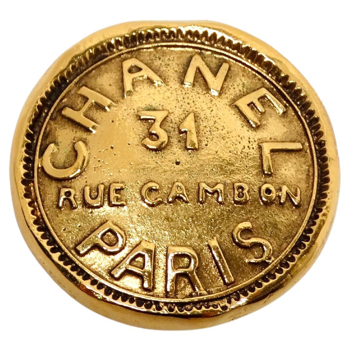 1990s Chanel 31 Rue Cambon Gold Tone Medallion Singular Clip-On Earring
