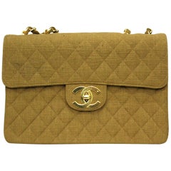 1990s Chanel Beige Canvas Vintage Maxi Jumbo Shoulder Bag