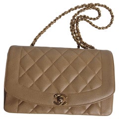 1990s Chanel Beige Caviar Leather Medium Diana Flap Bag 1990s Chanel Beige Caviar Leather Medium Diana Flap Bag