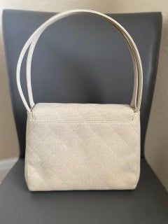 1990s Chanel vintage beige nude linen quilted kelly top handle shoulder bag