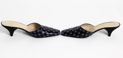 1990s Chanel Black and White Leather Logo Mules Heels Shoes Size 35 / 5
